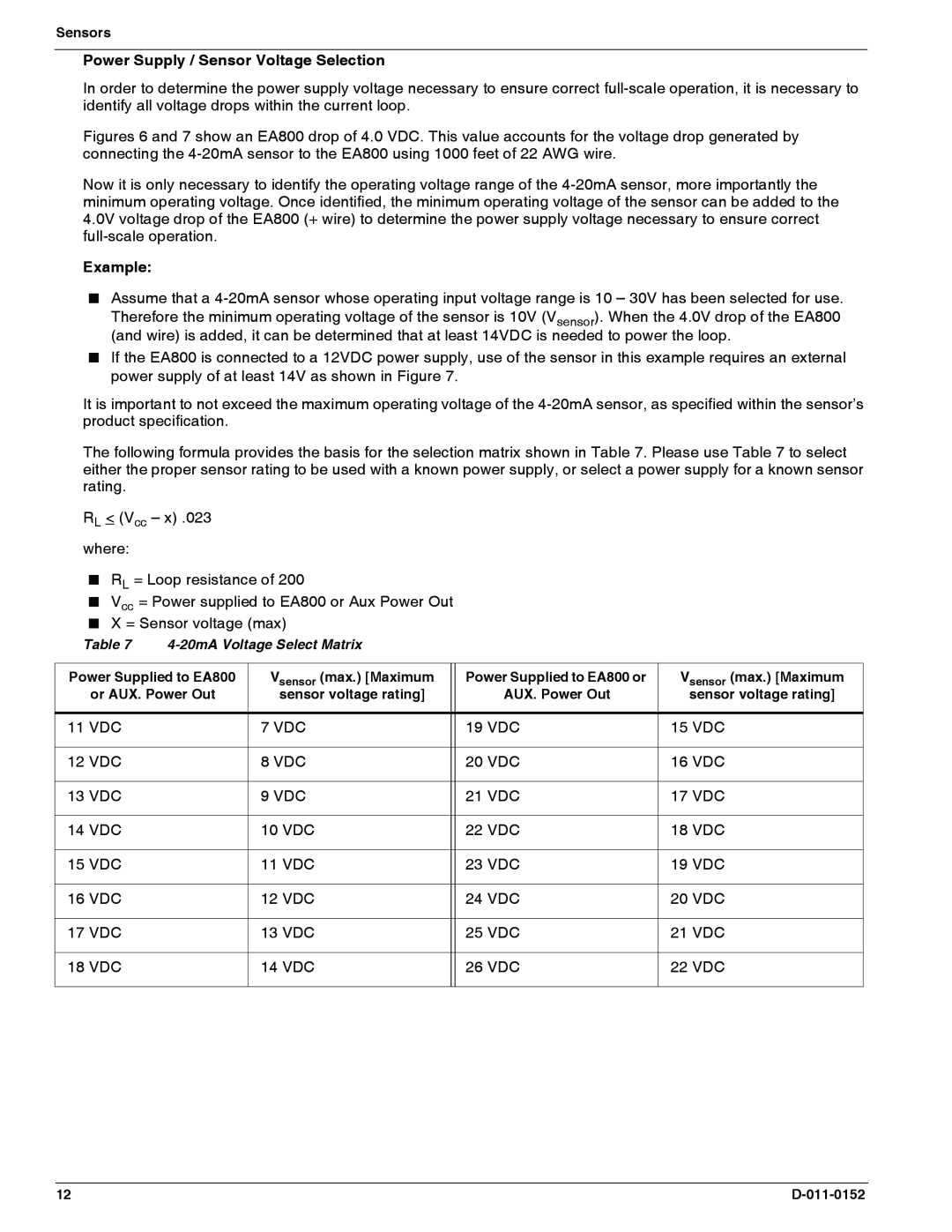 Enviro EA800 owner manual Power Supply / Sensor Voltage Selection 