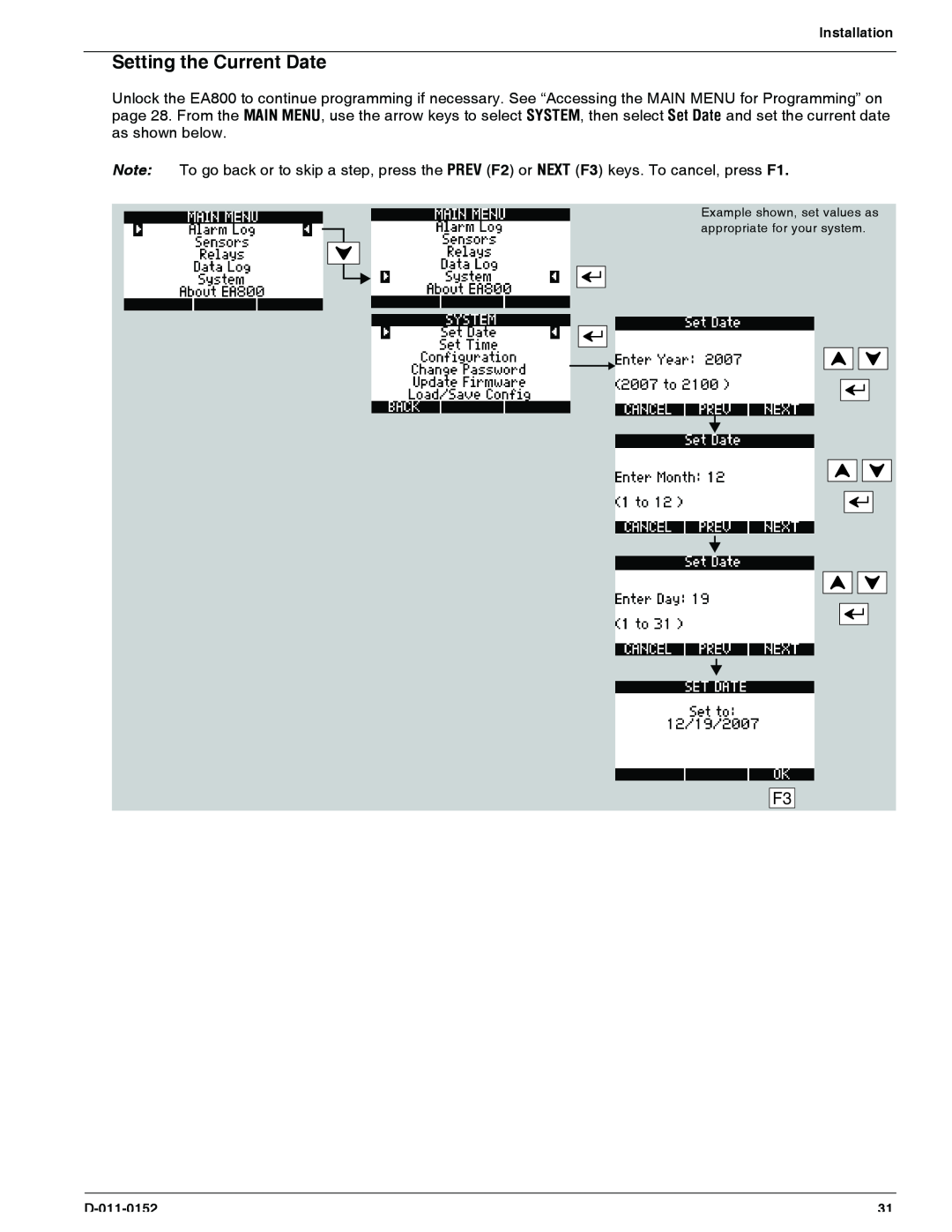 Enviro EA800 owner manual Setting the Current Date 