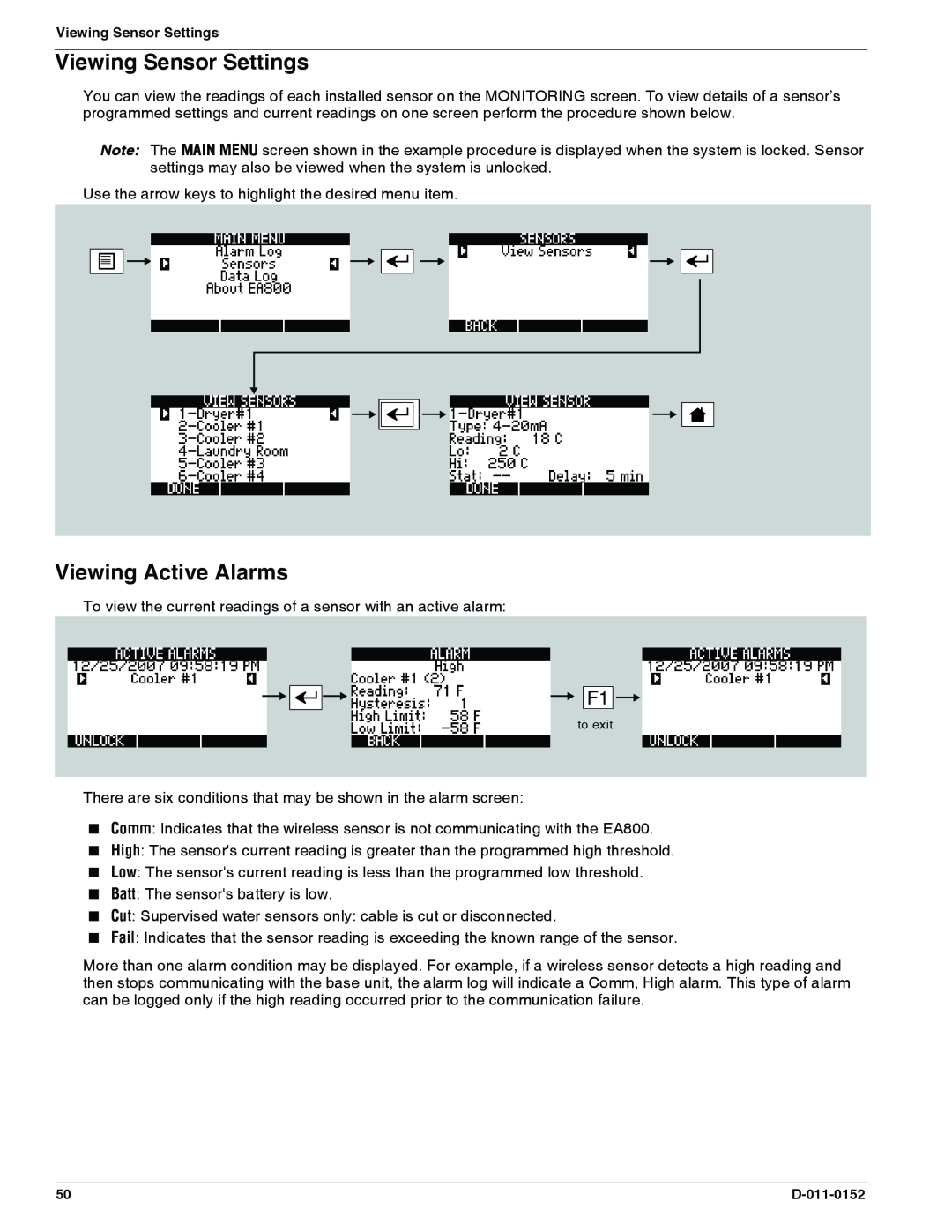 Enviro EA800 owner manual Viewing Sensor Settings, Viewing Active Alarms 