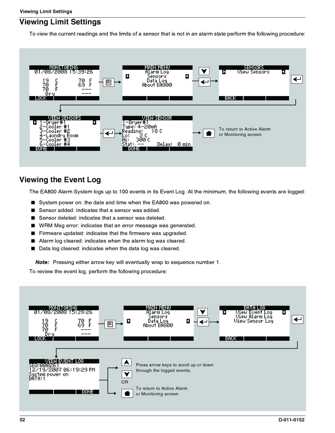 Enviro EA800 owner manual Viewing Limit Settings, Viewing the Event Log 