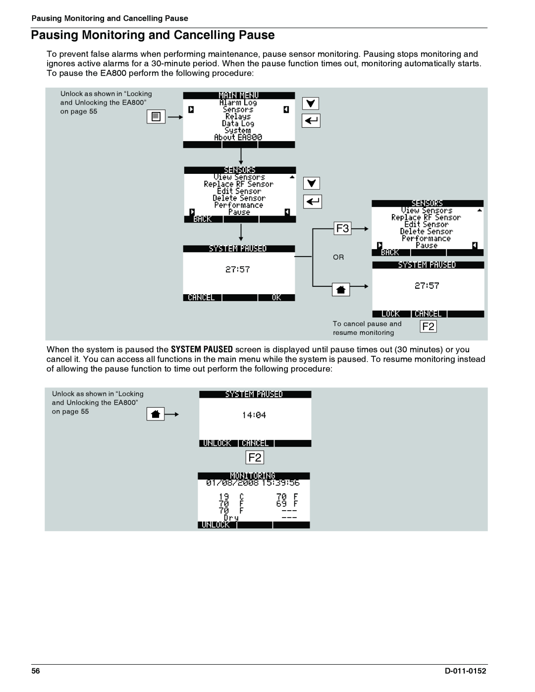 Enviro EA800 owner manual Pausing Monitoring and Cancelling Pause 