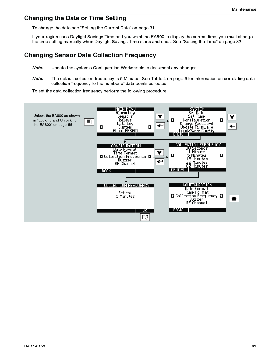 Enviro EA800 owner manual Changing the Date or Time Setting, Changing Sensor Data Collection Frequency 