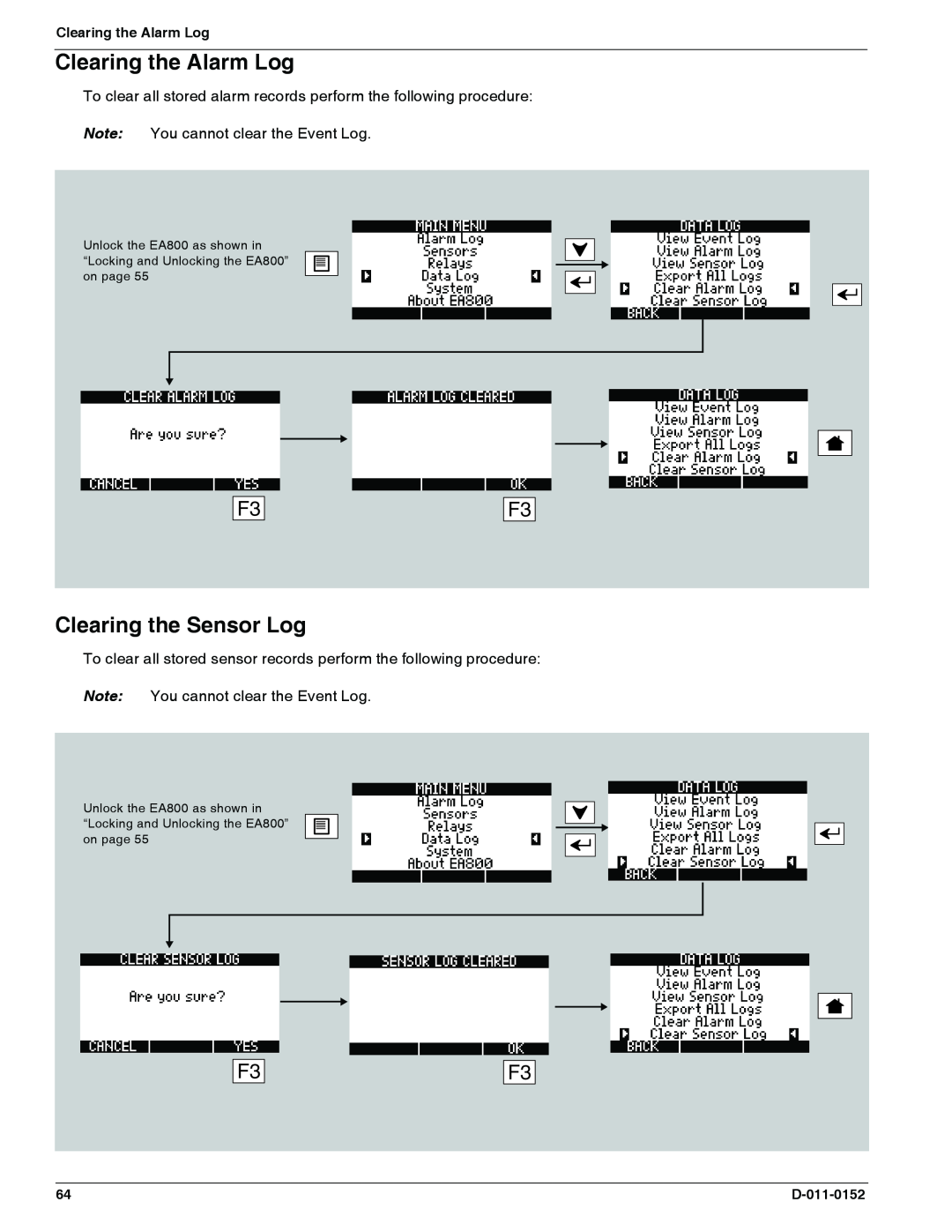 Enviro EA800 owner manual Clearing the Alarm Log, Clearing the Sensor Log 