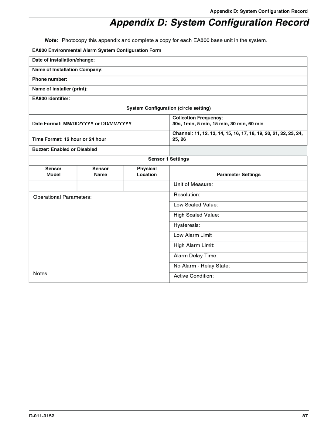 Enviro EA800 owner manual Appendix D System Configuration Record 
