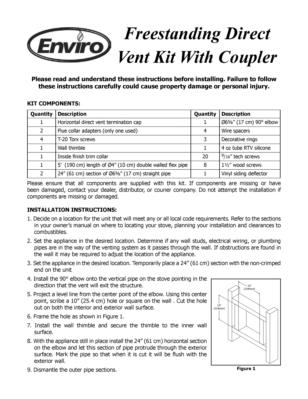 Enviro EC-061 installation instructions Freestanding Direct Vent Kit With Coupler, KIT Components, Quantity Description 