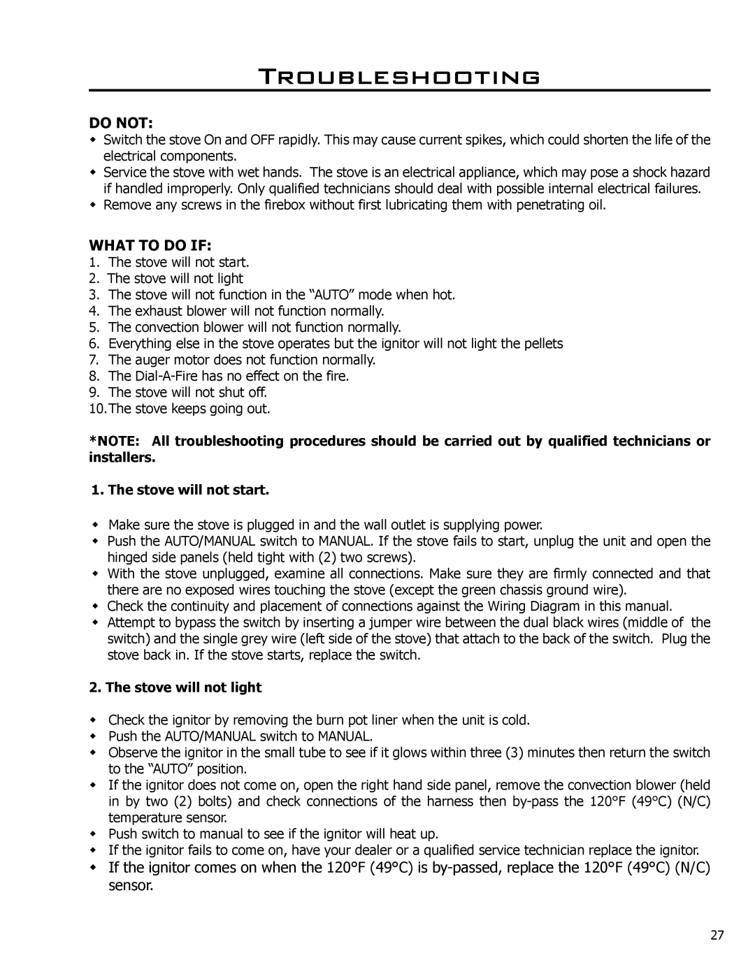 Enviro EF-119 owner manual Troubleshooting, Stove will not start, Stove will not light 