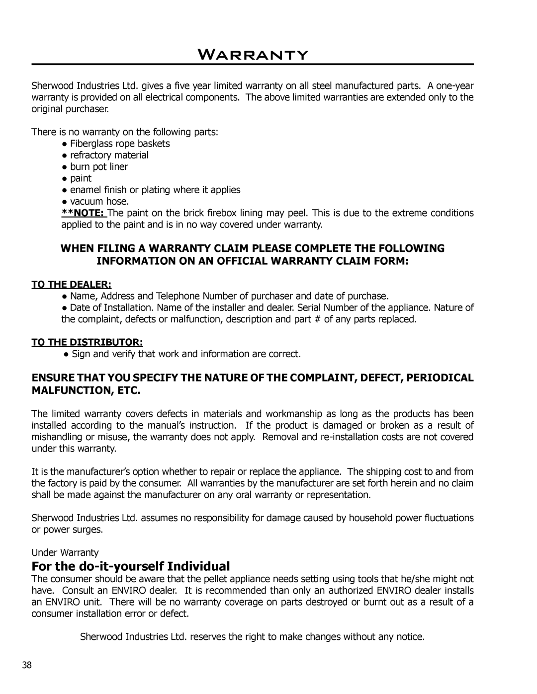 Enviro EF-119 owner manual Warranty, To the Dealer, To the Distributor 