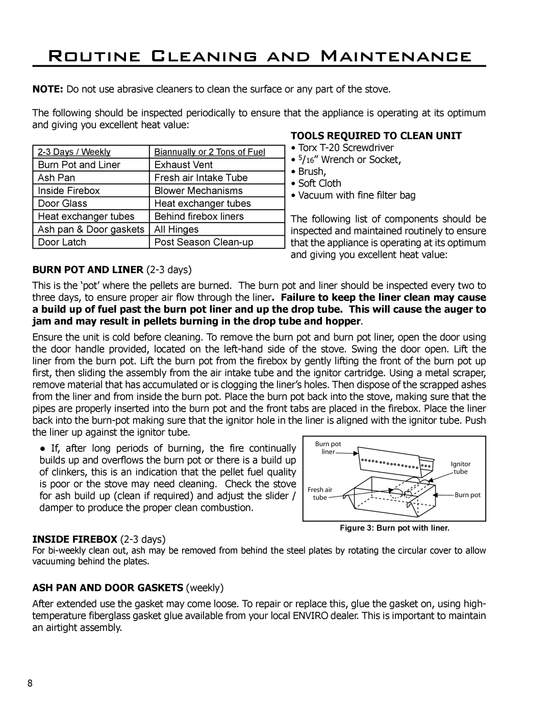 Enviro EF-119 owner manual Routine Cleaning and Maintenance, Burn POT and Liner 2-3 days, Tools Required to Clean Unit 