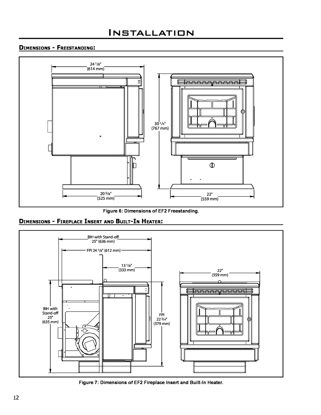 Enviro EF-119 Installation, Dimensions of EF2 Freestanding, Dimensions of EF2 Fireplace Insert and Built-In Heater 