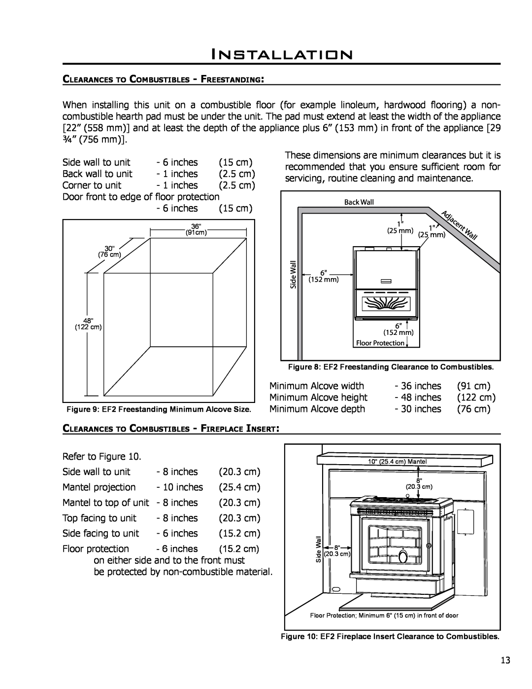 Enviro EF-119 owner manual Installation, inches, 15.2 cm, EF2 Freestanding Minimum Alcove Size 