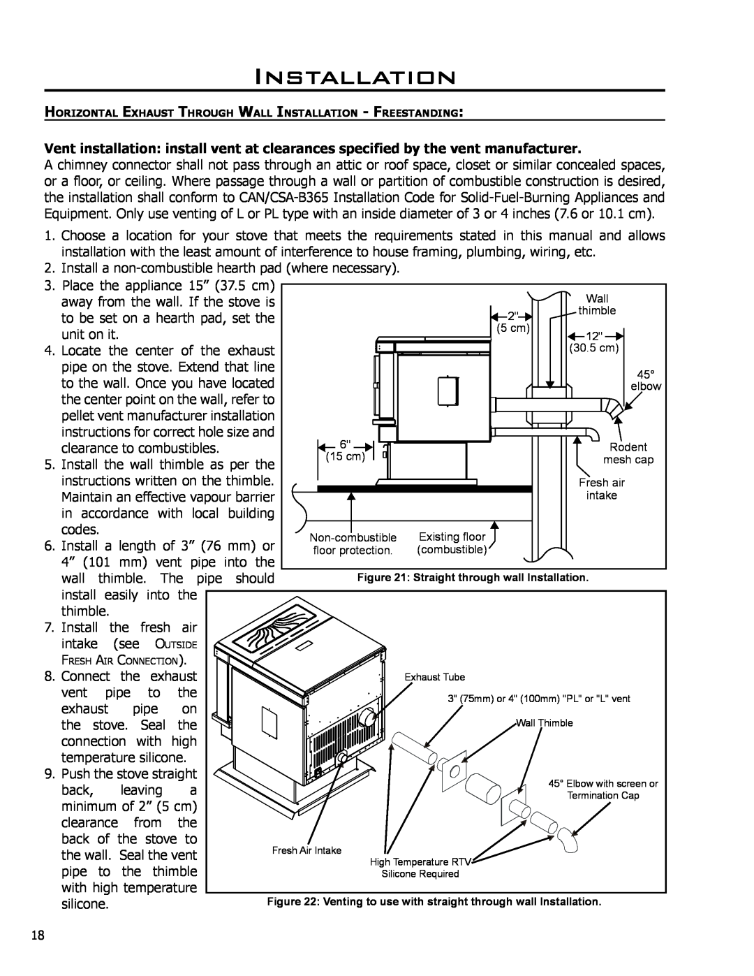 Enviro EF-119 owner manual Installation, stove, Wall, thimble, 30.5 cm, elbow, Existing floor, combustible 