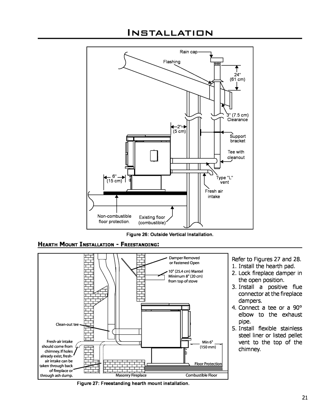 Enviro EF-119 owner manual Refer to Figures 27 and, connector at the fireplace, exhaust, Outside Vertical Installation 