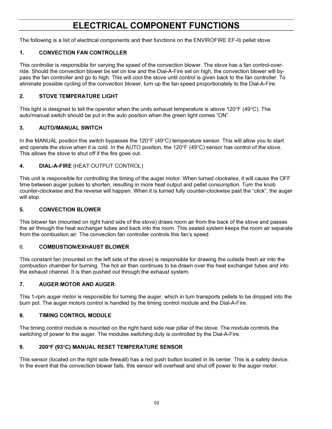 Enviro EF-II I technical manual Electrical Component Functions 