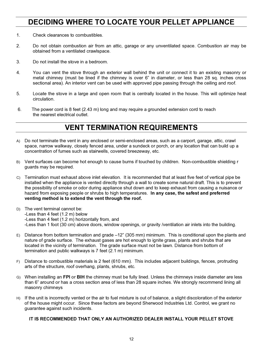 Enviro EF-II I technical manual Deciding Where to Locate Your Pellet Appliance, Vent Termination Requirements 