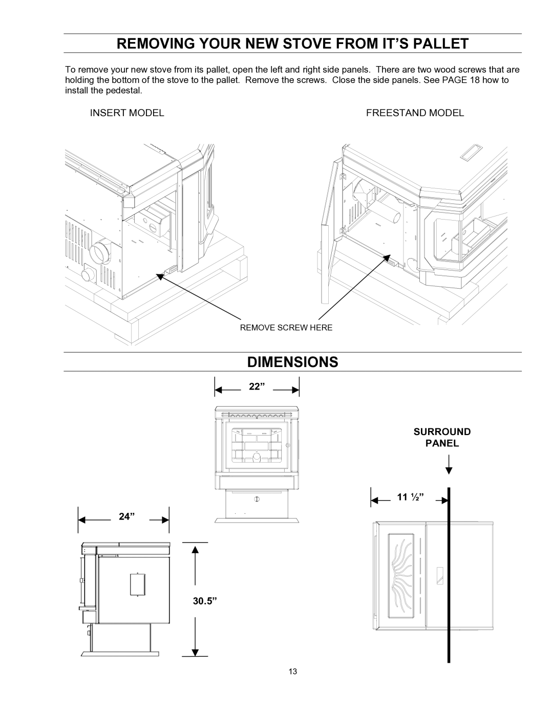 Enviro EF-II I technical manual Removing Your NEW Stove from IT’S Pallet, Dimensions 