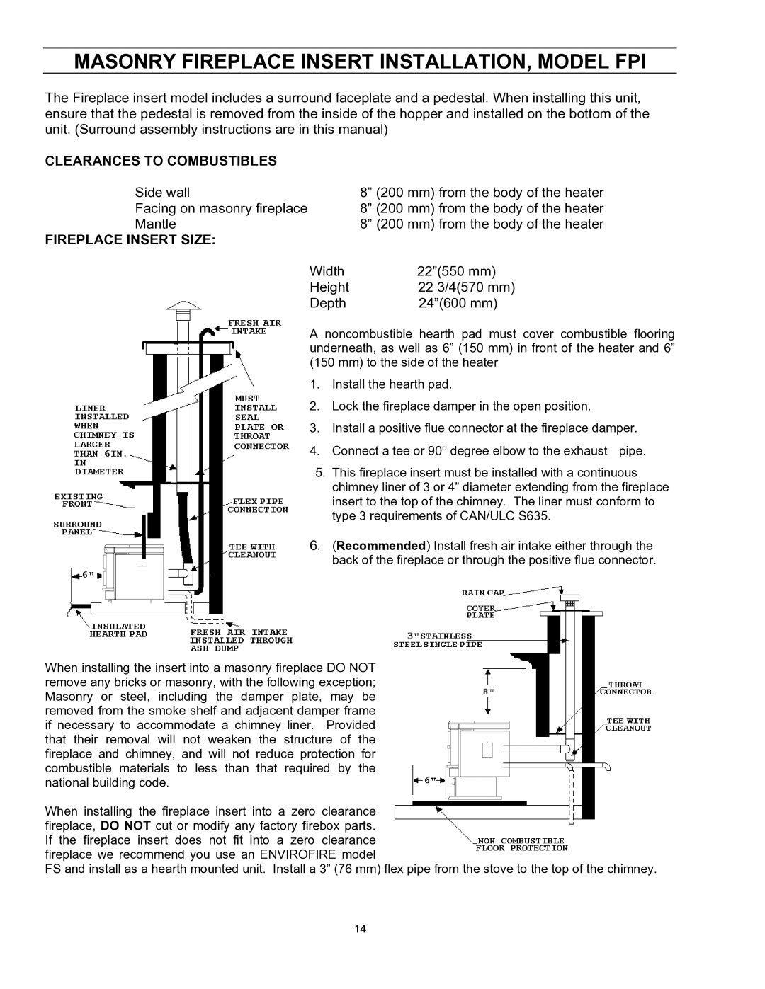 Enviro EF-II I technical manual Masonry Fireplace Insert INSTALLATION, Model FPI, Fireplace Insert Size 