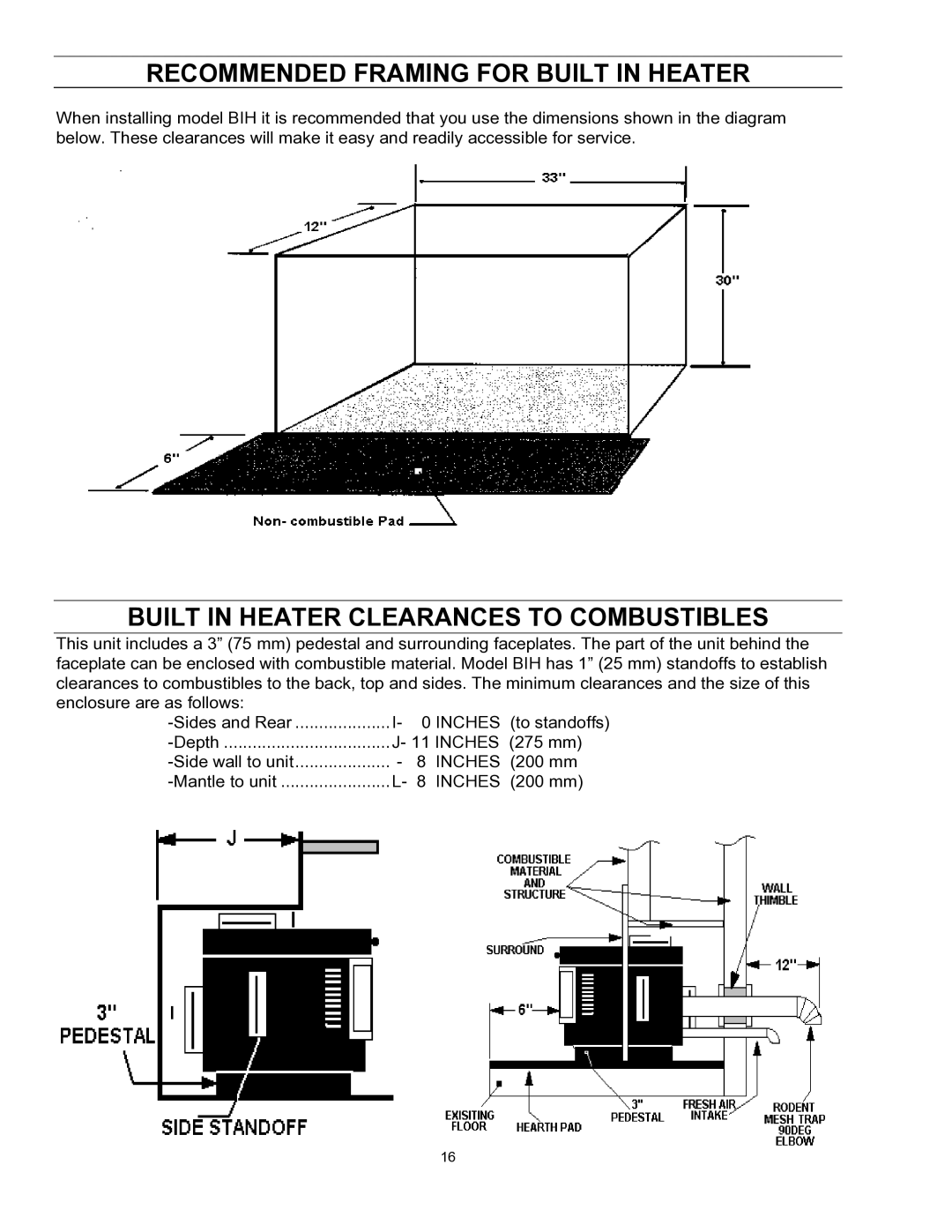 Enviro EF-II I technical manual Recommended Framing for Built in Heater, Built in Heater Clearances to Combustibles 