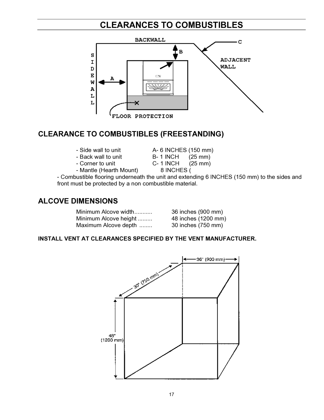 Enviro EF-II I technical manual Clearances to Combustibles, Clearance to Combustibles Freestanding 