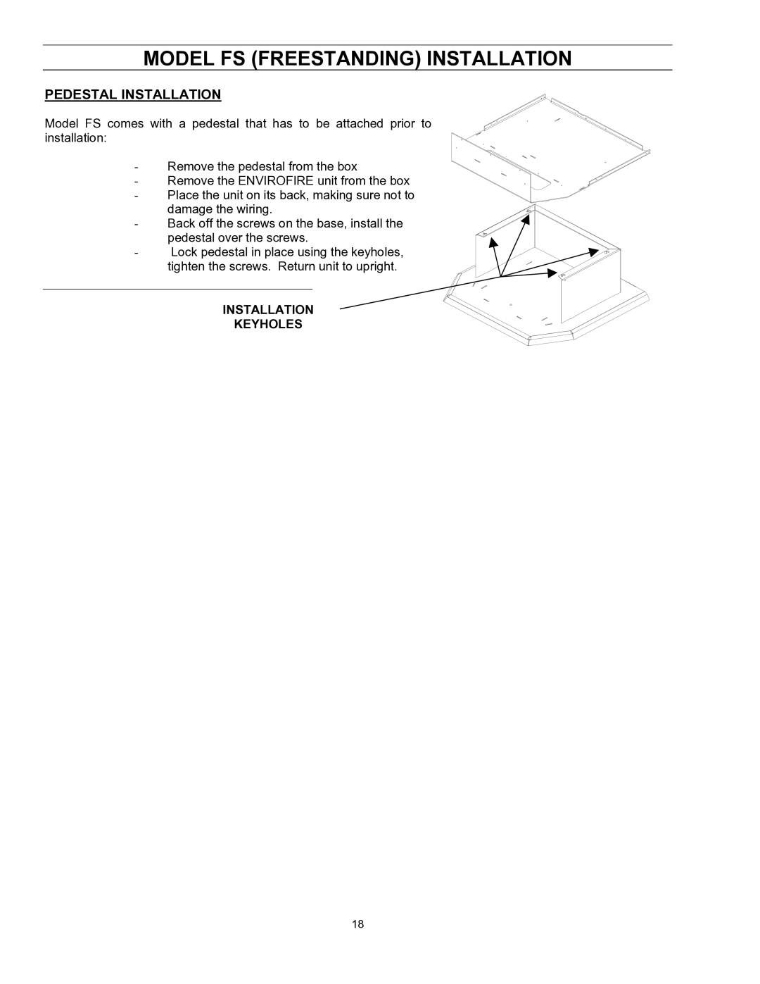 Enviro EF-II I technical manual Model FS Freestanding Installation, Installation Keyholes 