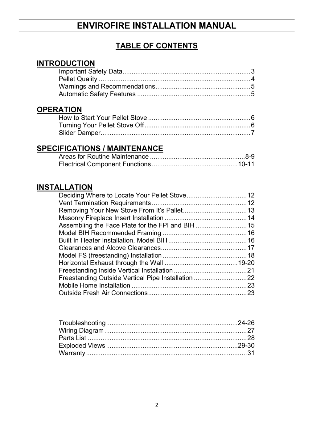 Enviro EF-II I technical manual Envirofire Installation Manual 