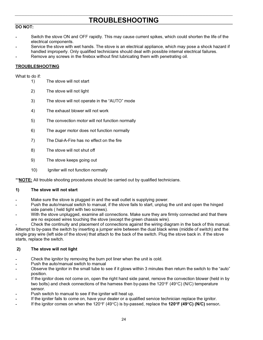 Enviro EF-II I technical manual Troubleshooting, Do not, Stove will not start, Stove will not light 