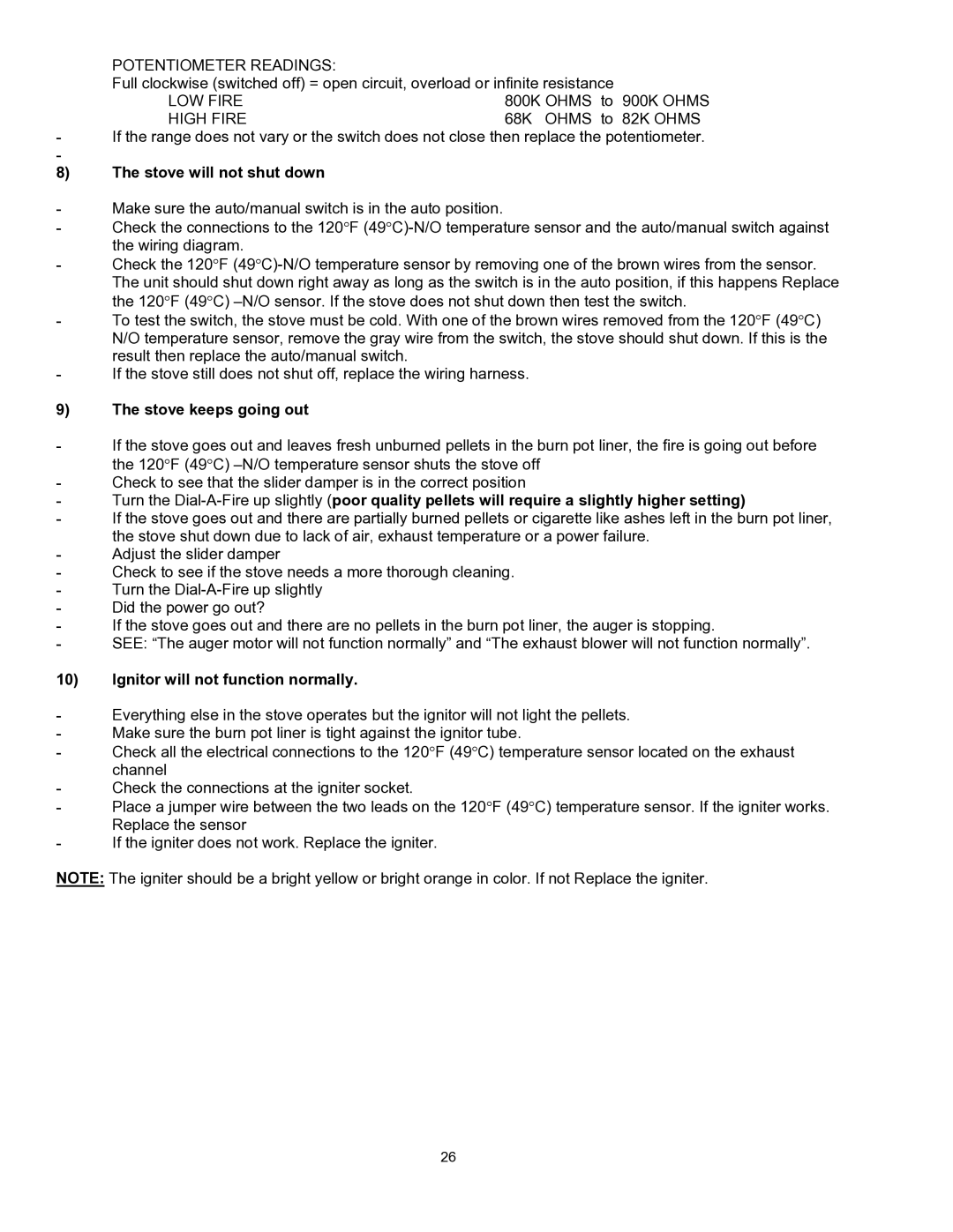 Enviro EF-II I technical manual Stove will not shut down, Stove keeps going out, Ignitor will not function normally 