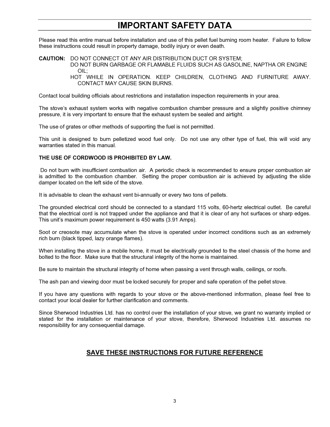 Enviro EF-II I technical manual Important Safety Data, USE of Cordwood is Prohibited by LAW 