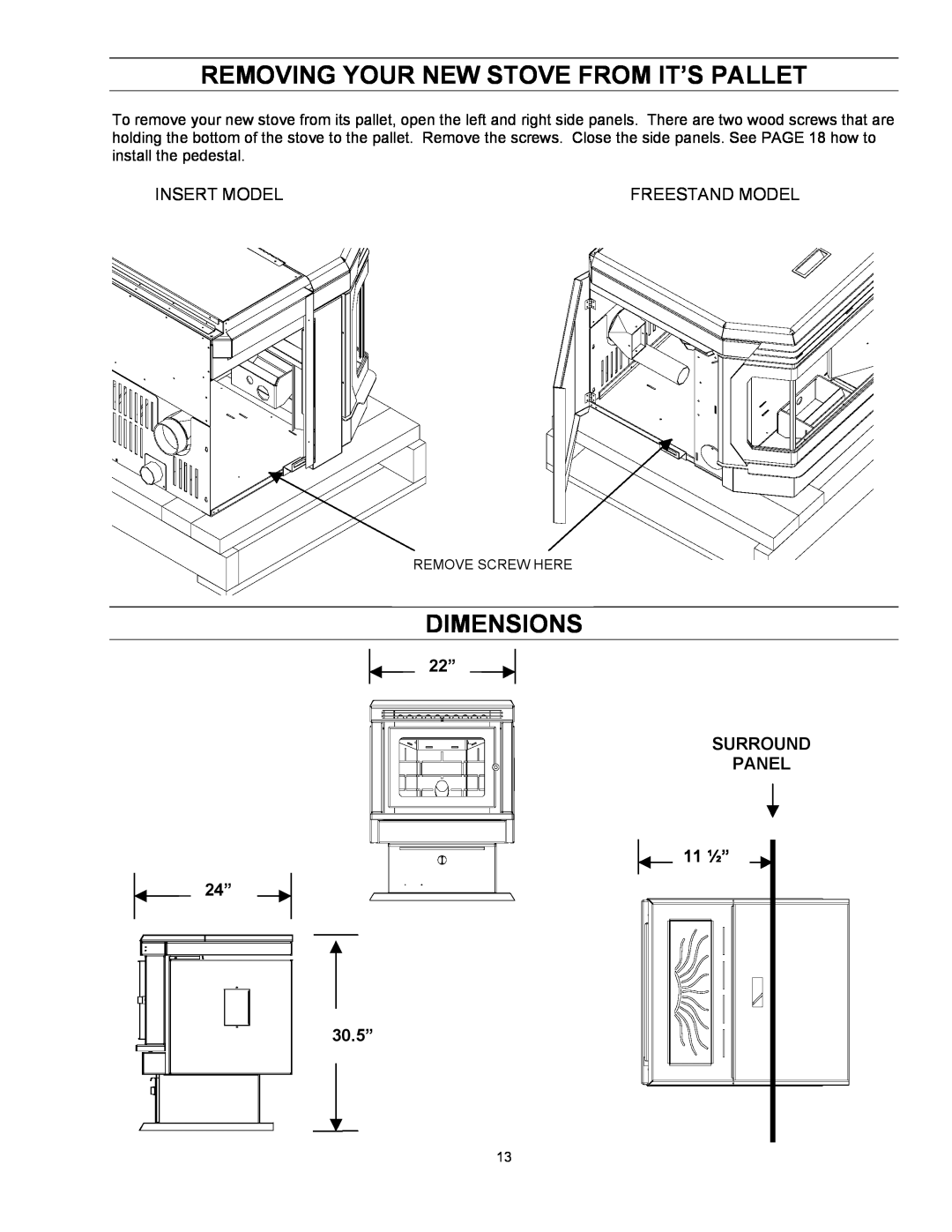 Enviro EF-II I technical manual Removing Your New Stove From It’S Pallet, Dimensions, 22” SURROUND PANEL 11 ½” 24” 30.5” 