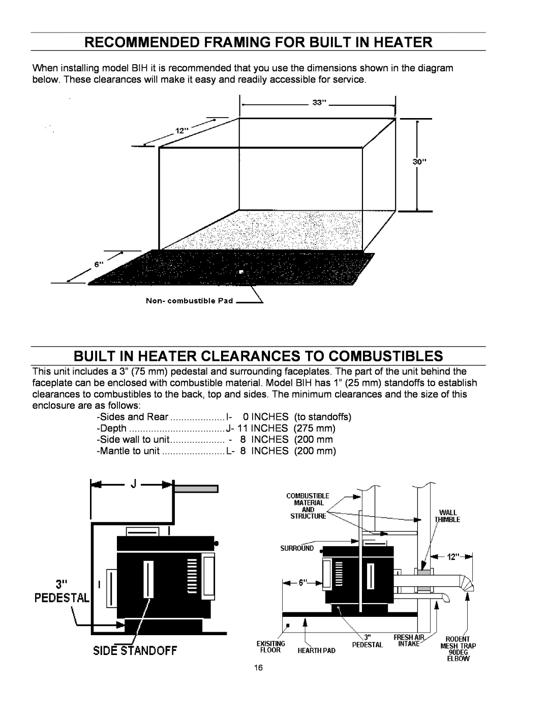 Enviro EF-II I technical manual Recommended Framing For Built In Heater, Built In Heater Clearances To Combustibles 