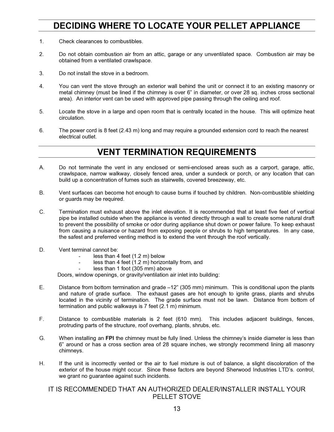 Enviro EF-IV I technical manual Deciding Where to Locate Your Pellet Appliance, Vent Termination Requirements 