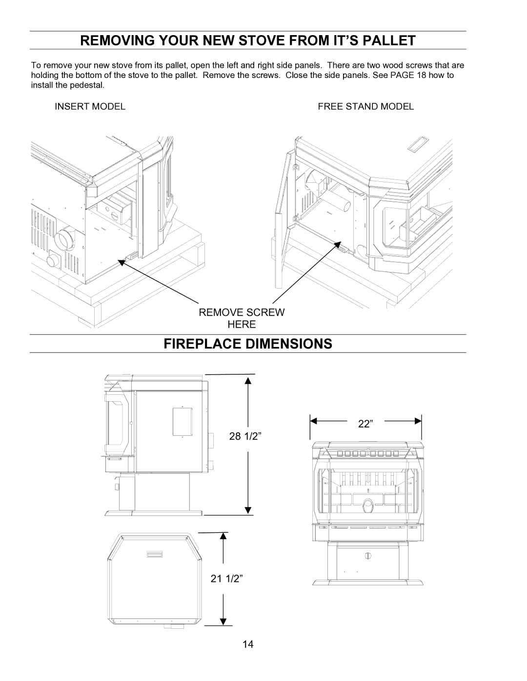 Enviro EF-IV I technical manual Removing Your NEW Stove from IT’S Pallet, Fireplace Dimensions 