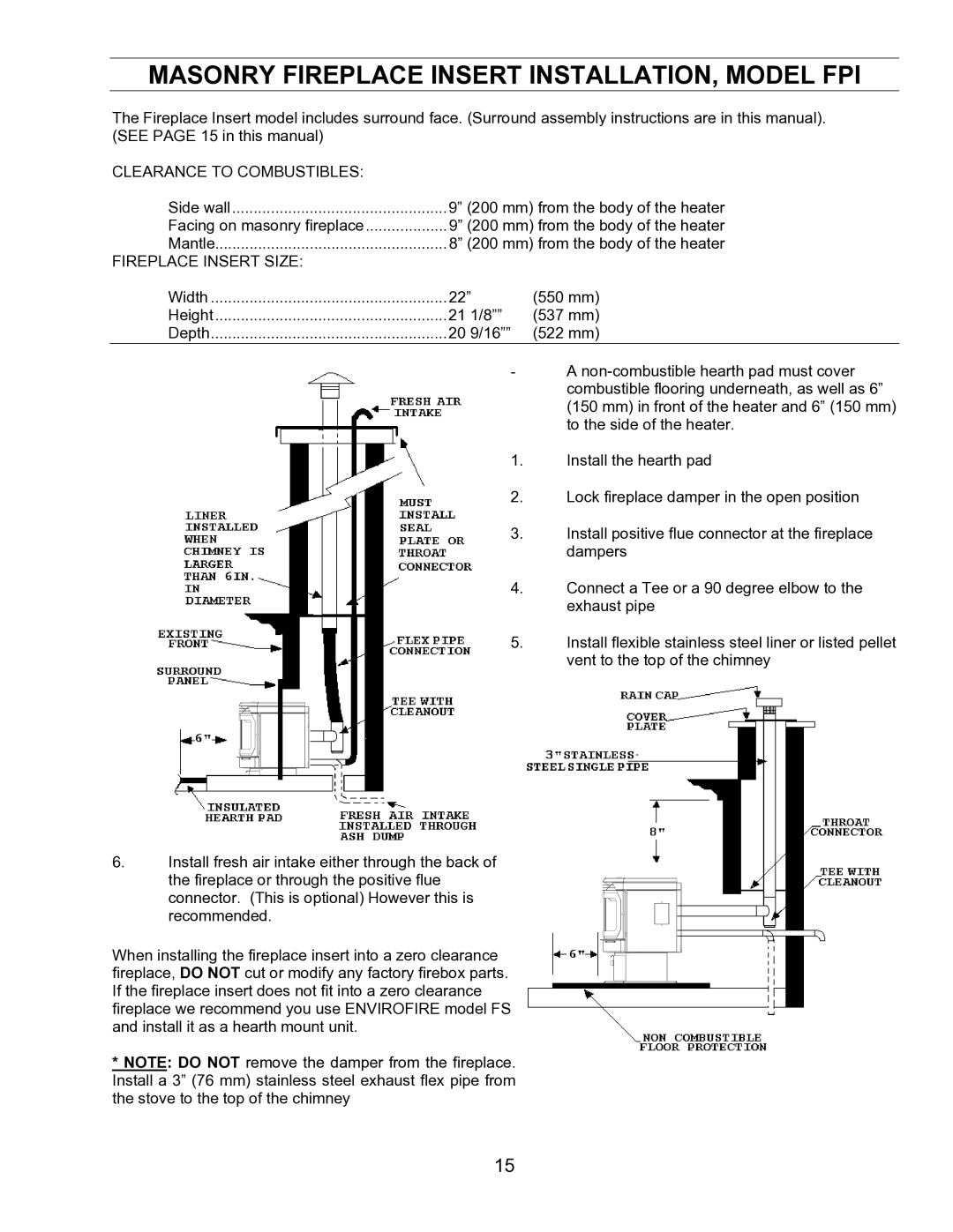 Enviro EF-IV I technical manual Masonry Fireplace Insert INSTALLATION, Model FPI, Clearance to Combustibles 