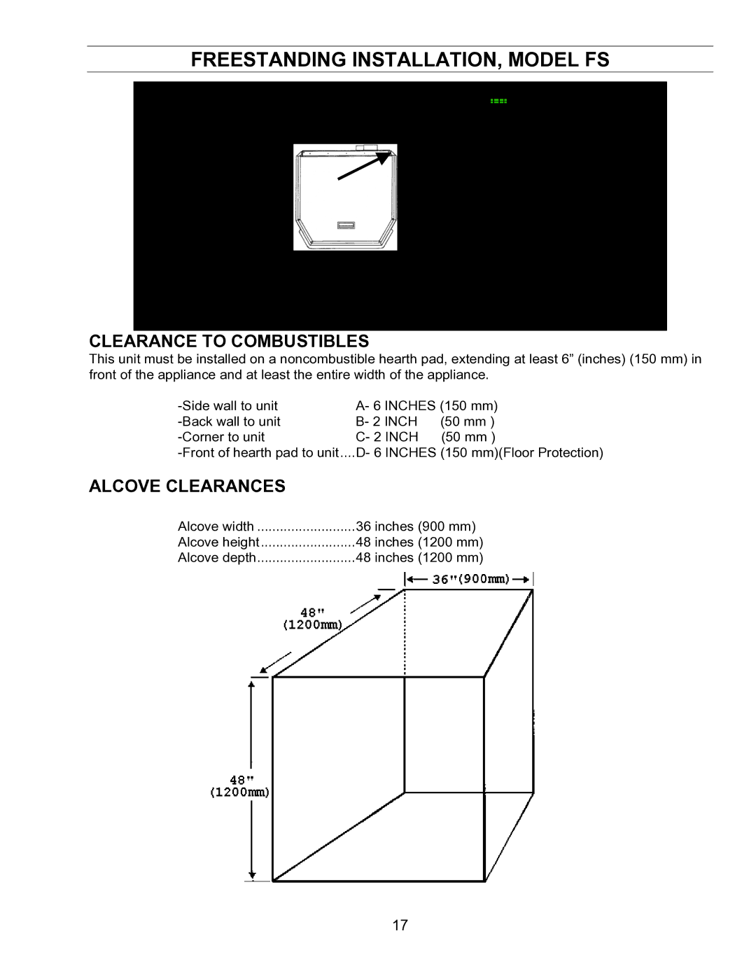 Enviro EF-IV I technical manual Freestanding INSTALLATION, Model FS, Clearance to Combustibles 