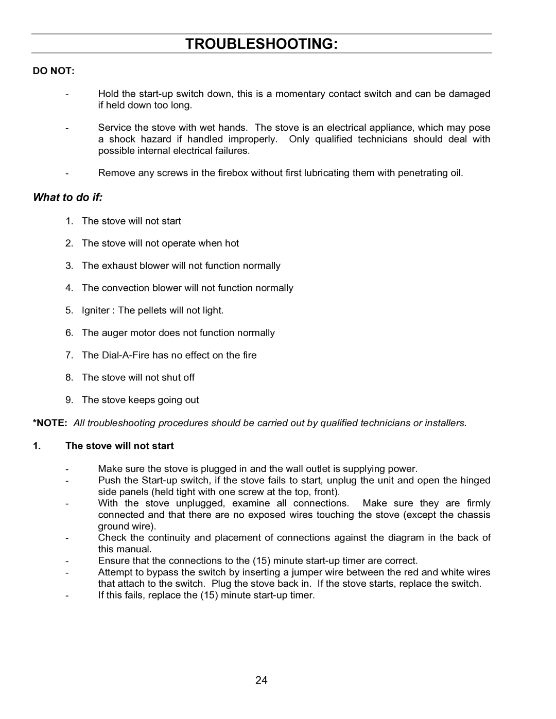 Enviro EF-IV I technical manual Troubleshooting, Stove will not start 