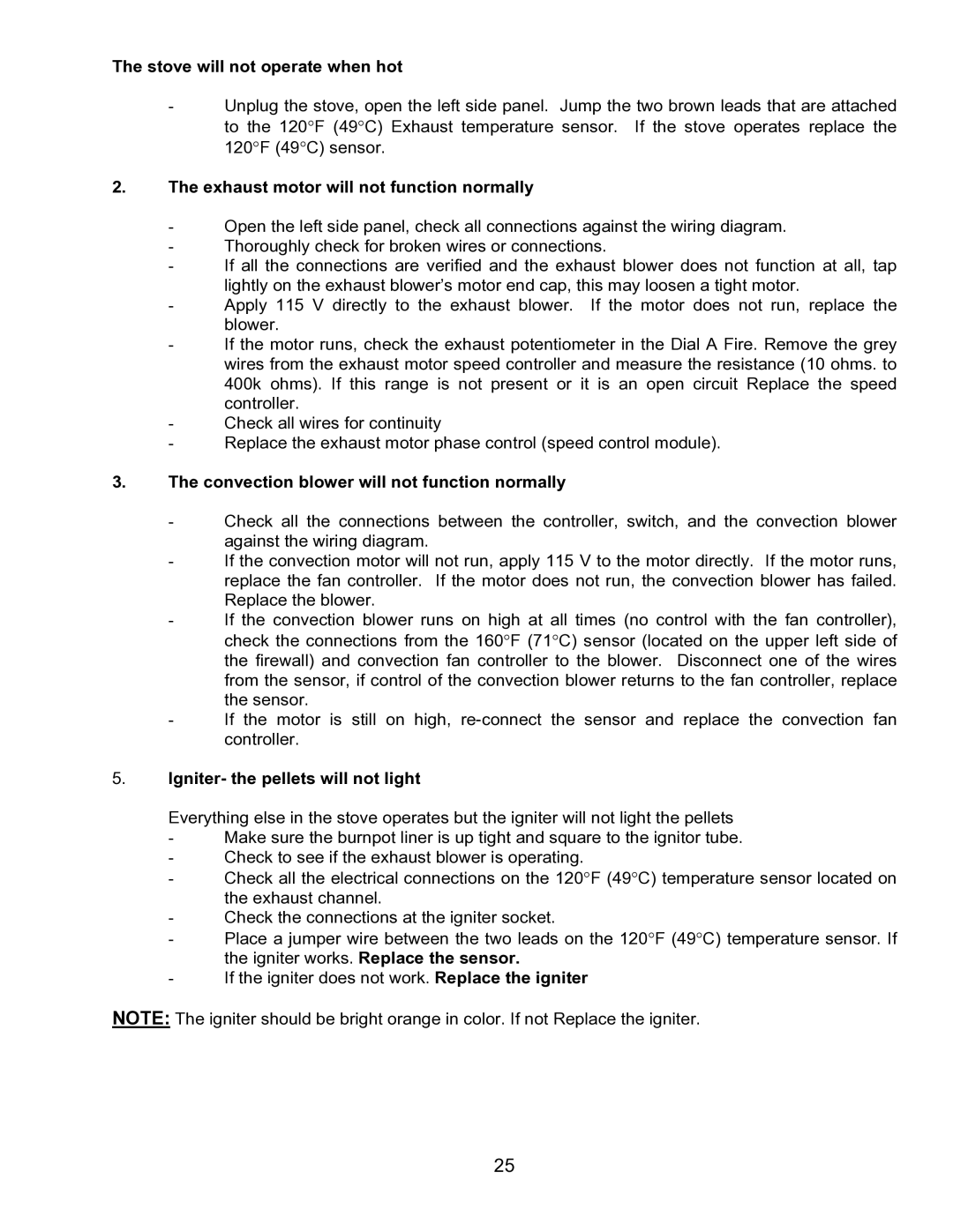 Enviro EF-IV I technical manual Stove will not operate when hot, Exhaust motor will not function normally 