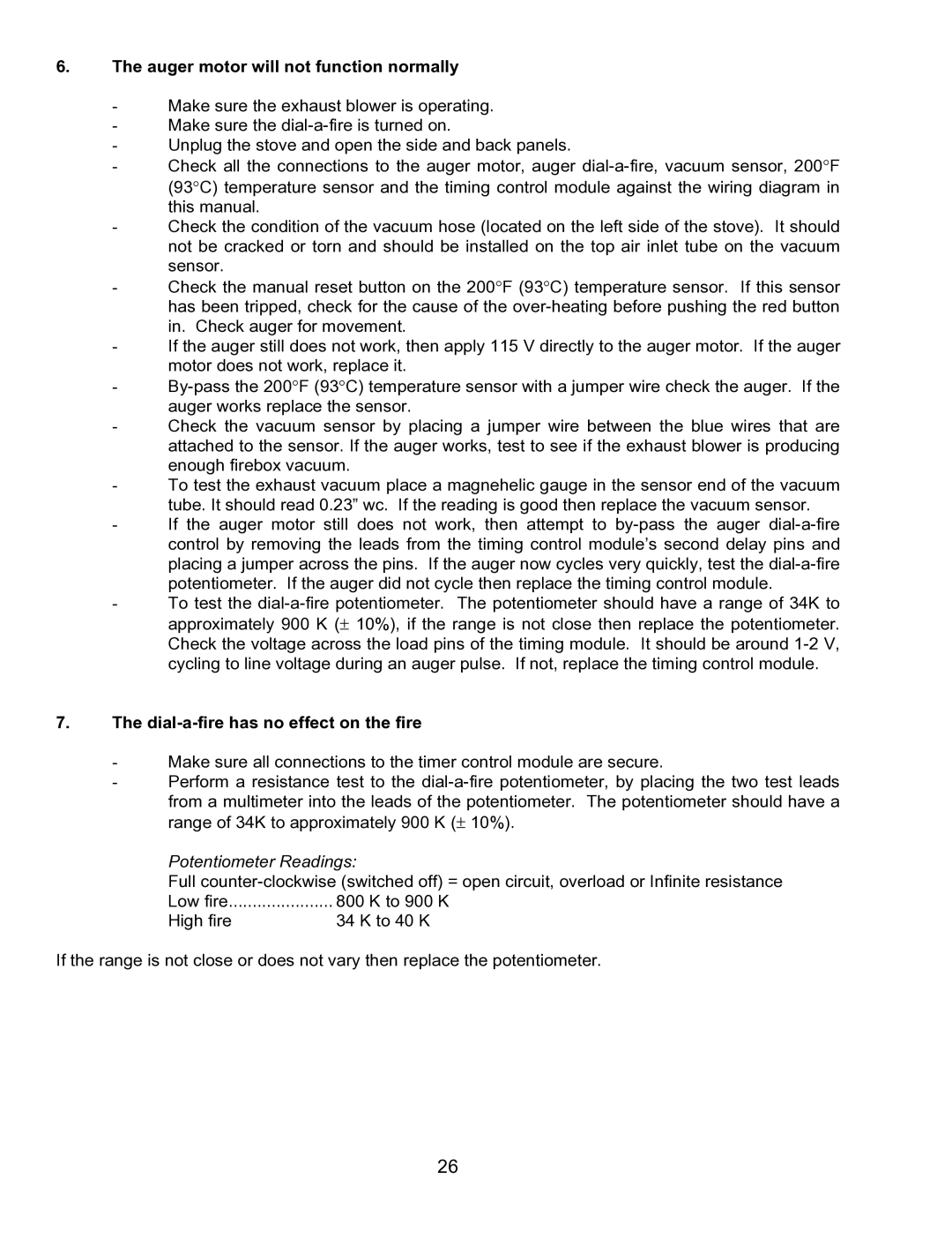 Enviro EF-IV I technical manual Auger motor will not function normally, Dial-a-fire has no effect on the fire 