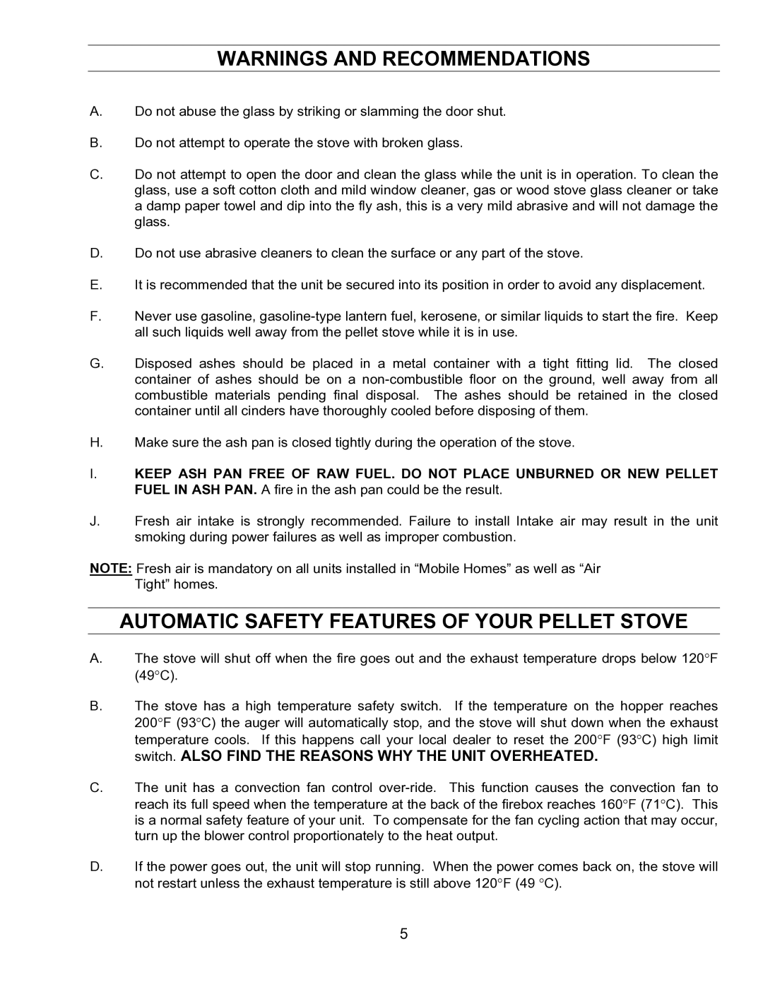 Enviro EF-IV I technical manual Automatic Safety Features of Your Pellet Stove 