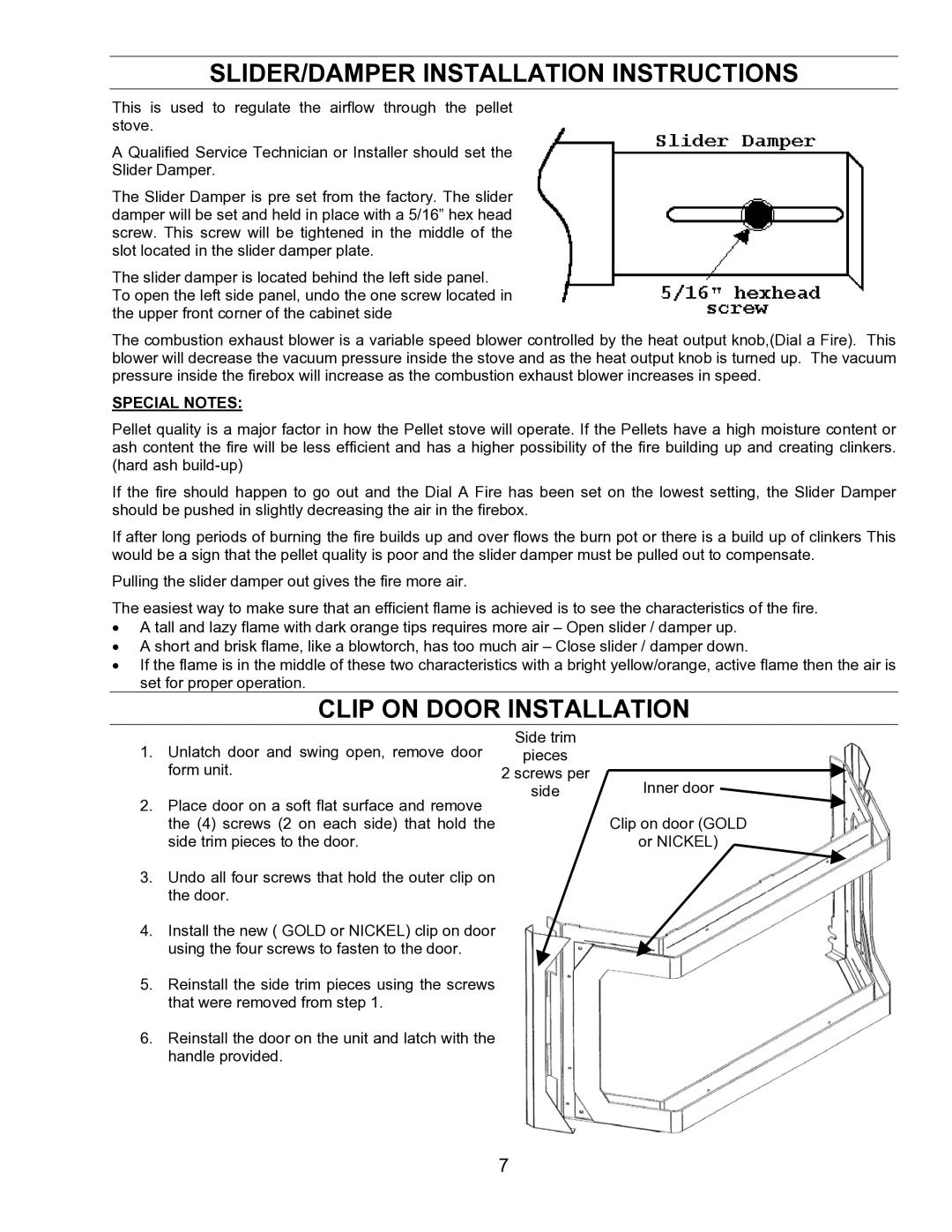 Enviro EF-IV I technical manual SLIDER/DAMPER Installation Instructions, Clip on Door Installation, Special Notes 