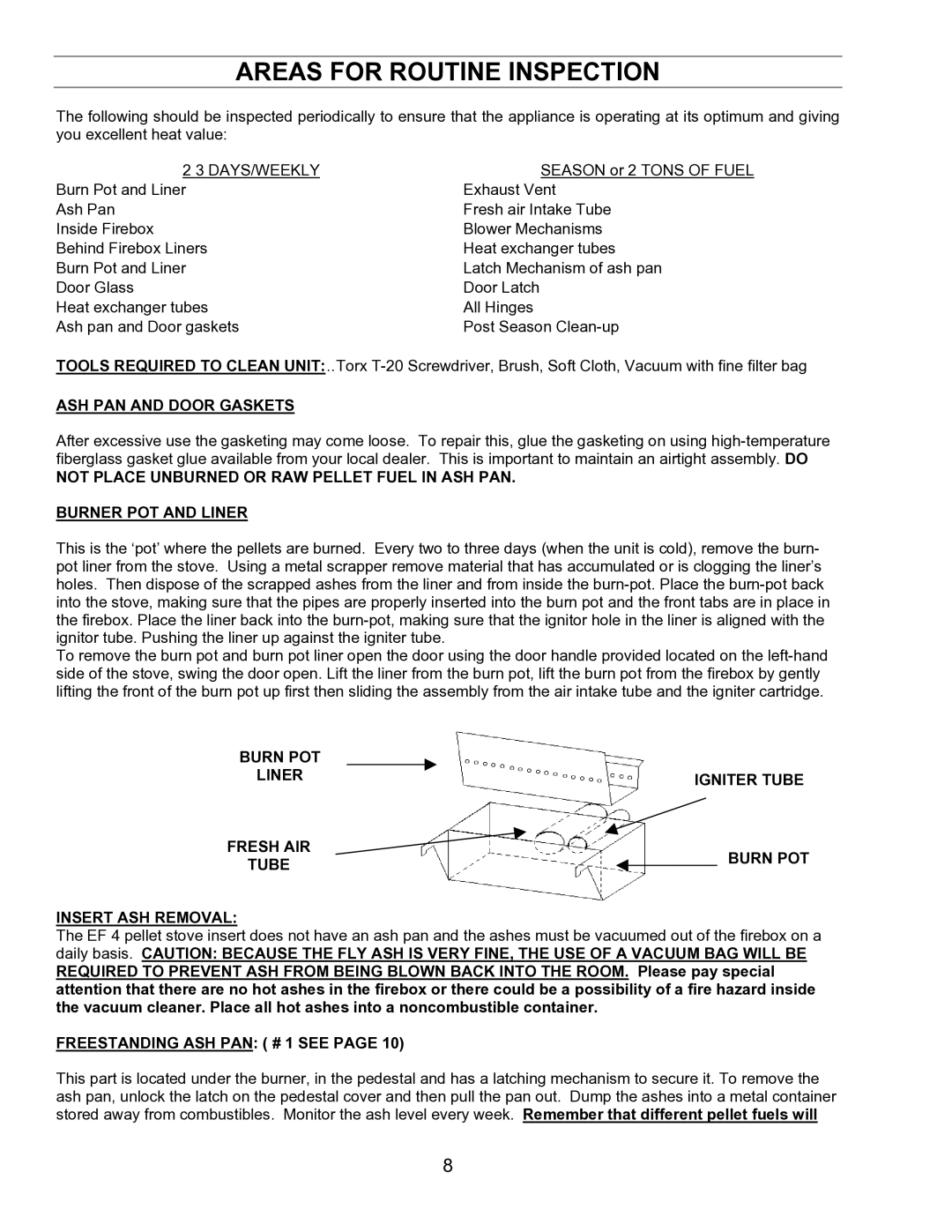 Enviro EF-IV I technical manual Areas for Routine Inspection, ASH PAN and Door Gaskets, Freestanding ASH PAN # 1 see 