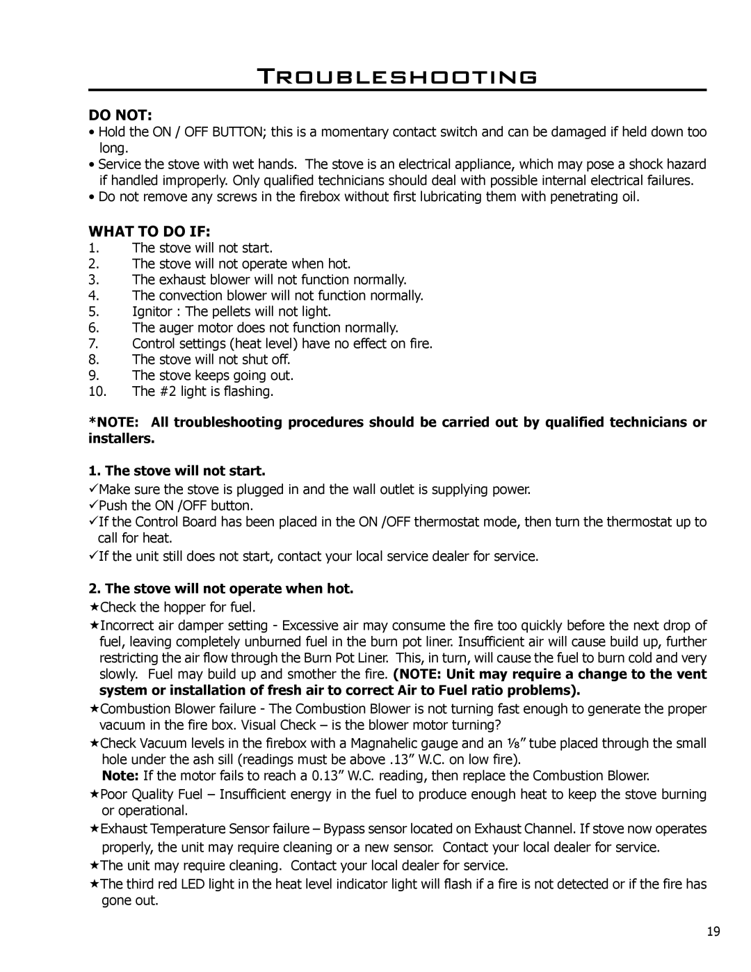 Enviro EF THERMO 28 technical manual Troubleshooting, Stove will not start, Stove will not operate when hot 