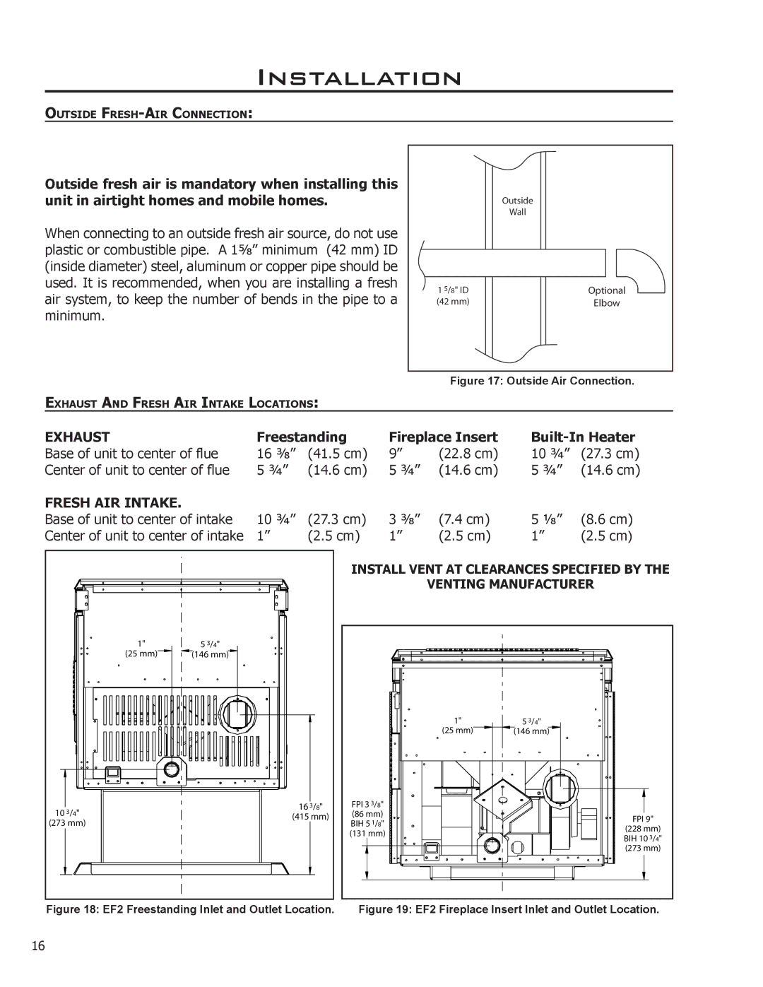 Enviro EF2 owner manual Exhaust, Freestanding Fireplace Insert Built-In Heater, Fresh AIR Intake 