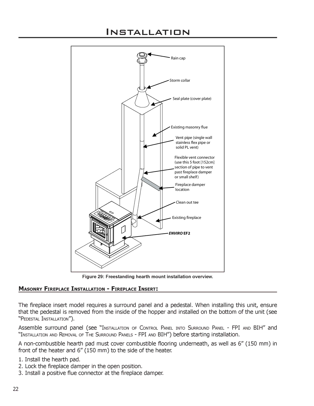 Enviro EF2 owner manual Freestanding hearth mount installation overview 