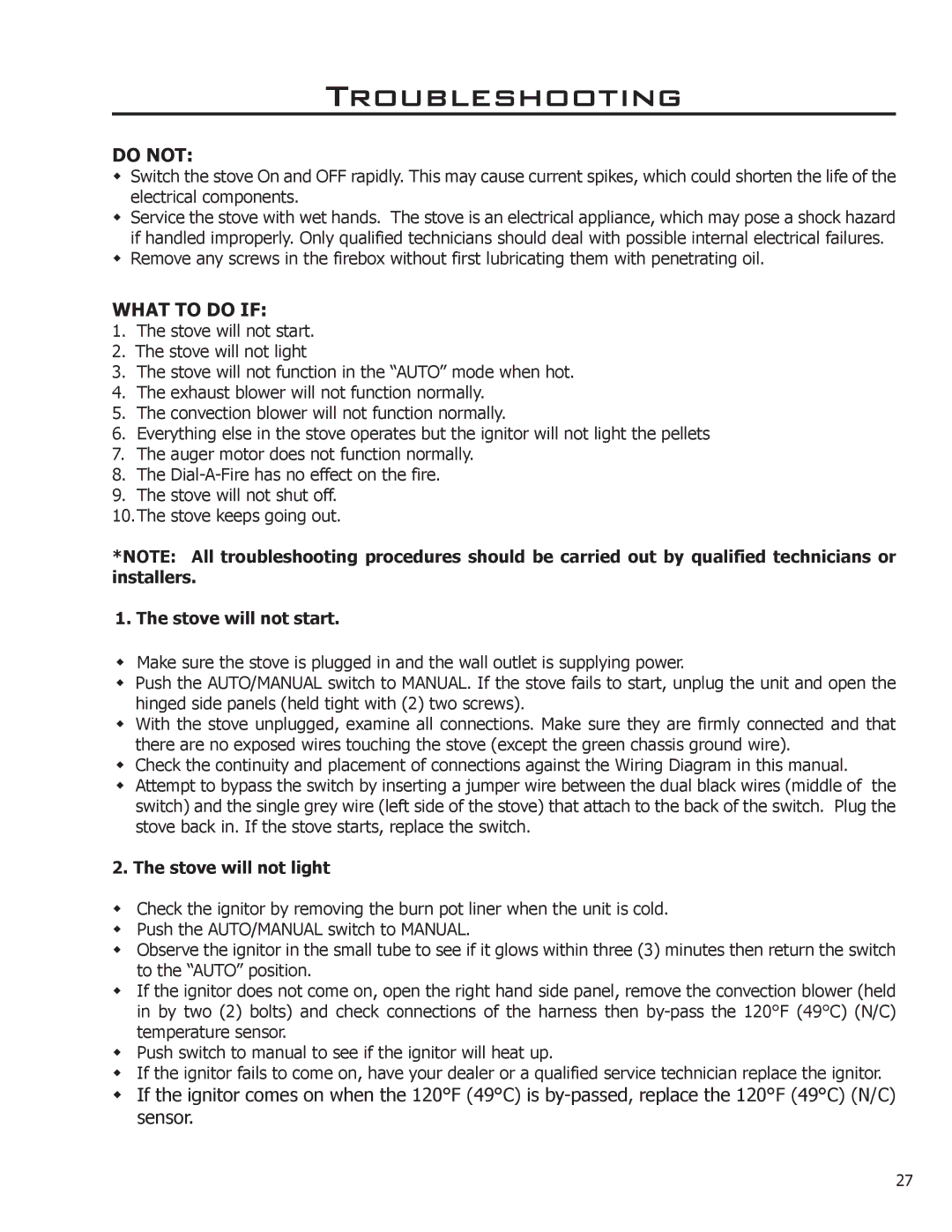 Enviro EF2 owner manual Troubleshooting, Stove will not start, Stove will not light 