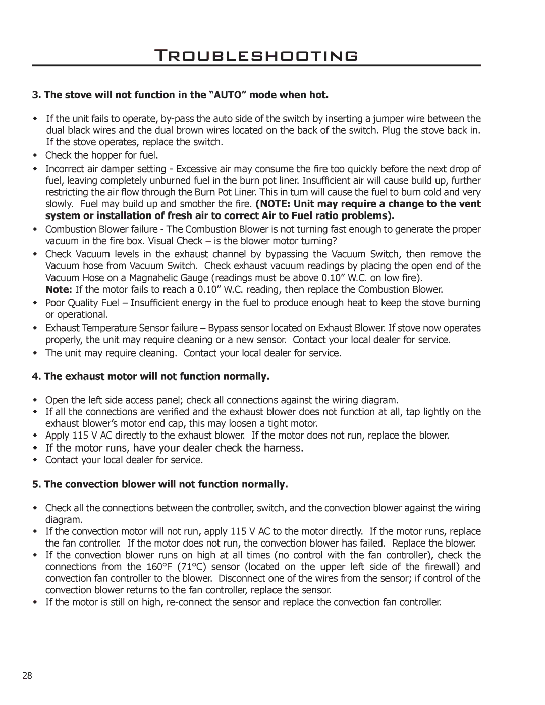 Enviro EF2 owner manual Stove will not function in the Auto mode when hot, Exhaust motor will not function normally 