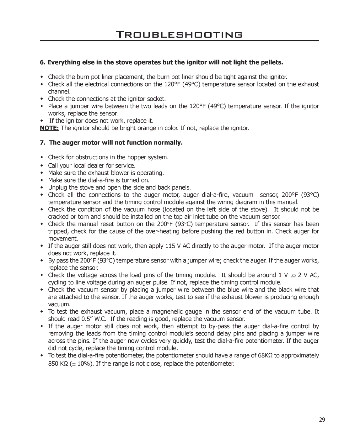 Enviro EF2 owner manual Auger motor will not function normally 