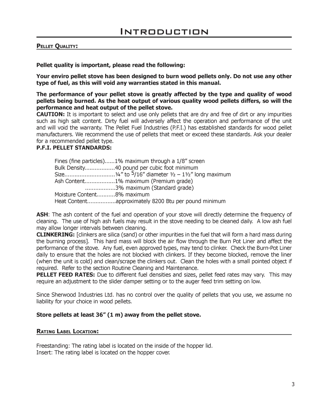 Enviro EF2 owner manual Introduction, I. Pellet Standards, Store pellets at least 36 1 m away from the pellet stove 