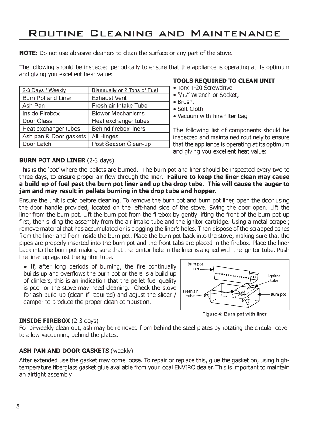 Enviro EF2 owner manual Routine Cleaning and Maintenance, Burn POT and Liner 2-3 days, Tools Required to Clean Unit 