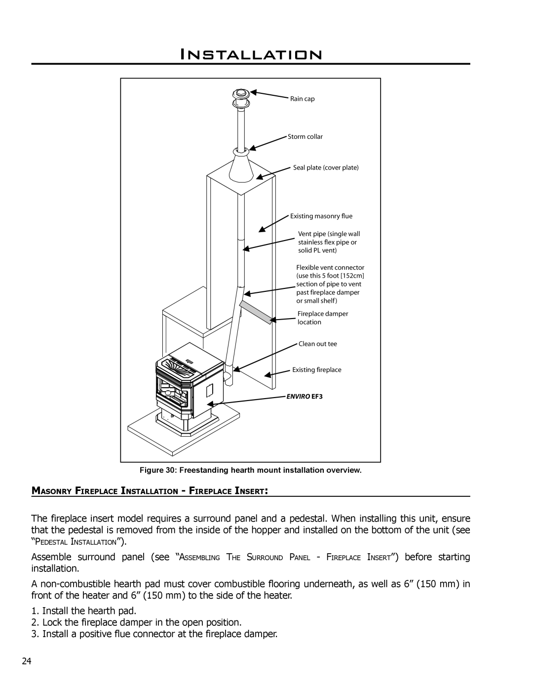 Enviro EF3 owner manual Freestanding hearth mount installation overview 