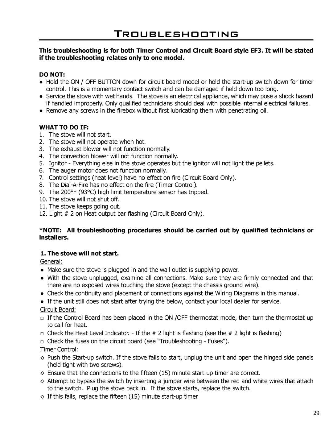 Enviro EF3 owner manual Troubleshooting, Do not, What to do if, Stove will not start. General 