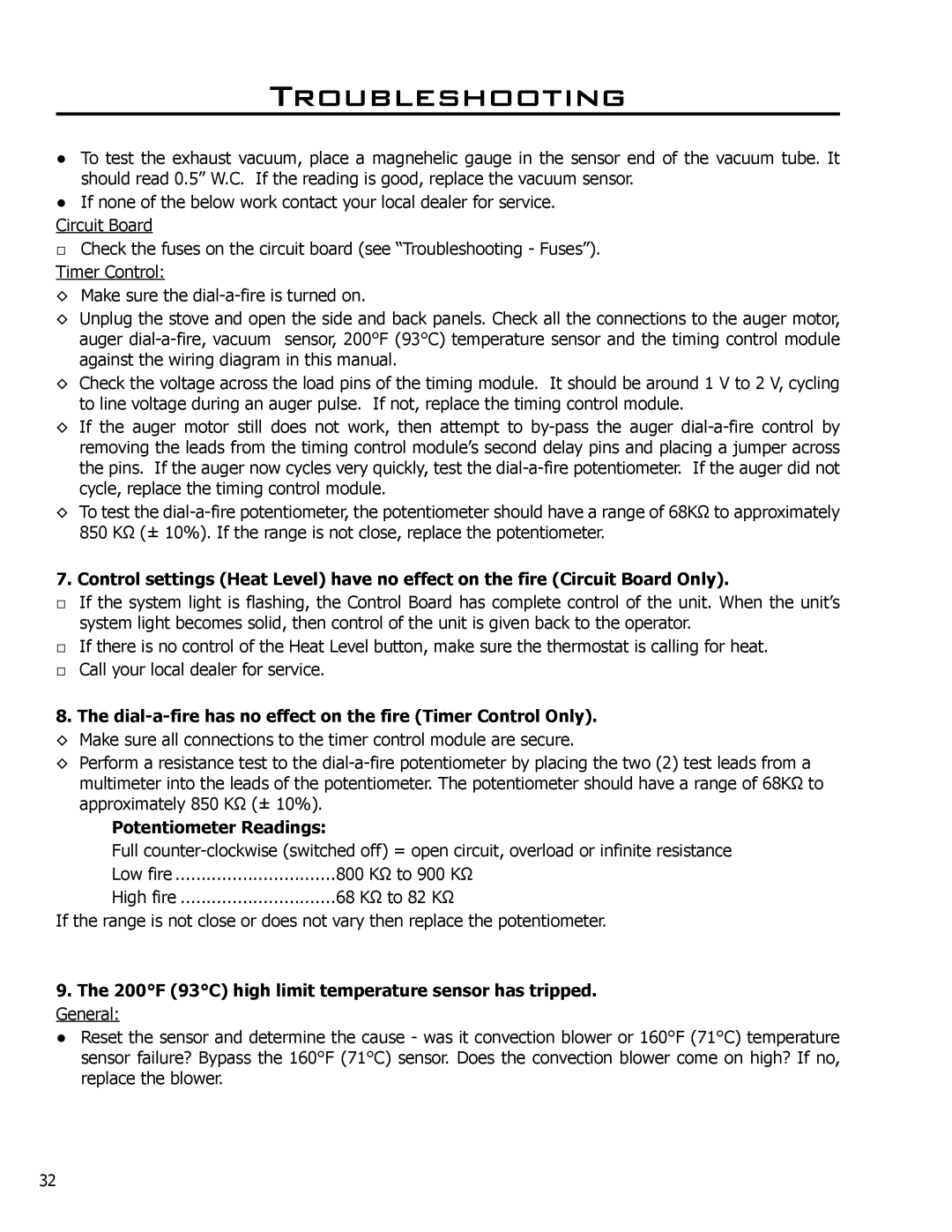 Enviro EF3 owner manual Dial-a-fire has no effect on the fire Timer Control Only, Potentiometer Readings 